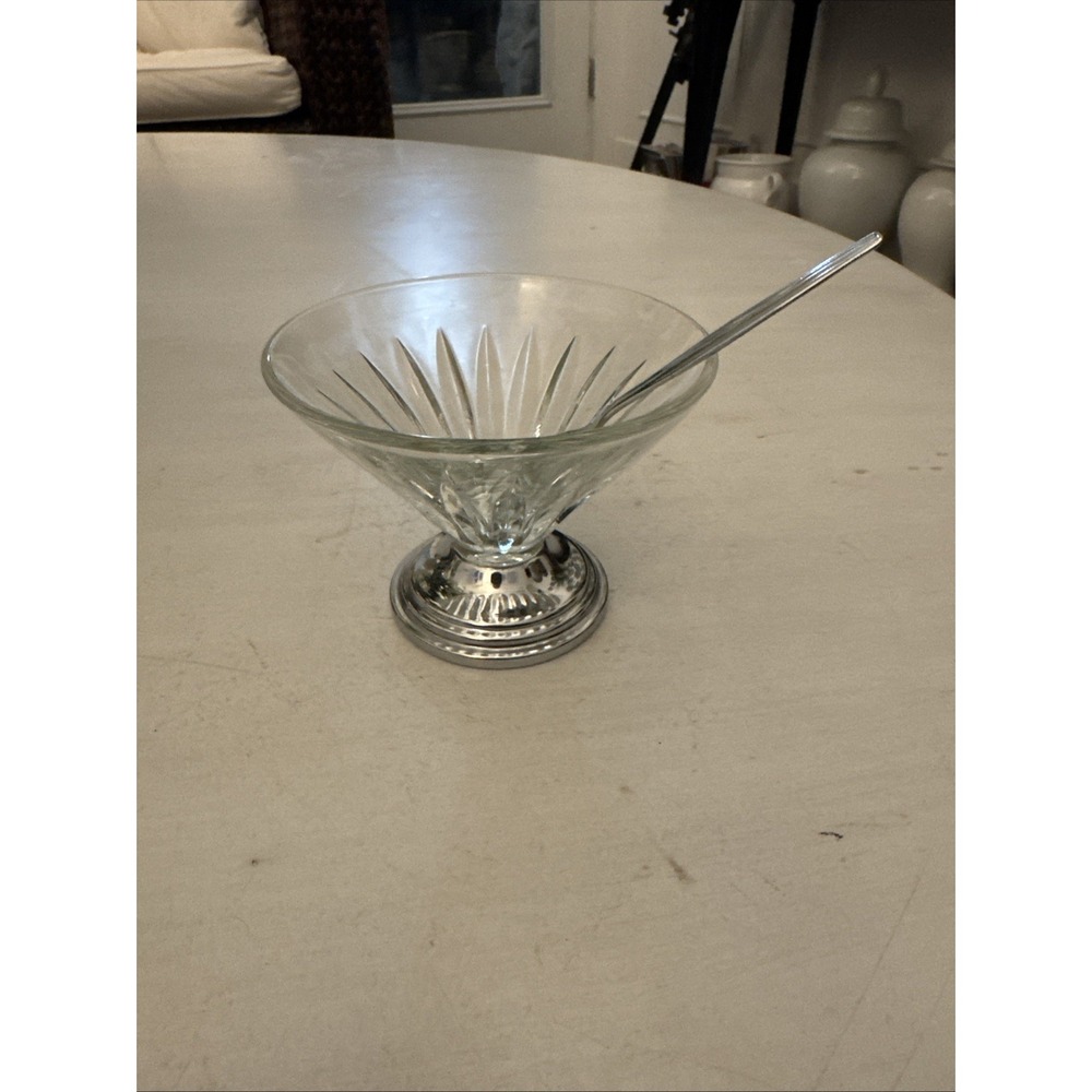 Vintage Sherbet/Ice Cream Dish with Spoon Crystal & Silver Plate